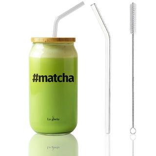 La Gloria Mediterránea Vaso para Té Matcha de Cristal con Tapa y Pajita Ideal para Matcha, Smoothies, Café Frío y Batidos | Vaso Reutilizable de Vidrio Premium 550 ml | Diseño Elegante y Ecológico