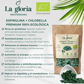 Espirulina y Chlorella en Comprimidos Ecológica 100% Naturales | Alga Espirulina y Clorella Bio Detox, Energía, Inmunidad | Suplemento Vegano con Proteína, Vitaminas y Minerales