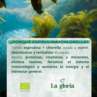 Espirulina y Chlorella en Comprimidos Ecológica 100% Naturales | Alga Espirulina y Clorella Bio Detox, Energía, Inmunidad | Suplemento Vegano con Proteína, Vitaminas y Minerales