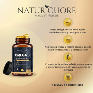 Omega 3 2000mg | 120 perlas | Procedente de Anchoa Salvaje | Sin Mercurio | Alta concentración EPA700 mg+DHA 500mg | Vitamina E - Naturcuore - Cápsulas de Fish Oil Naturcuore