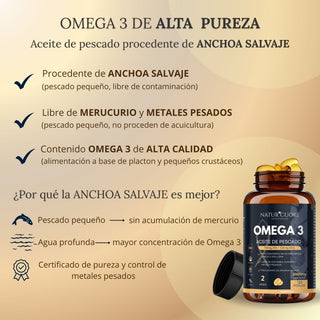 Omega 3 2000mg | 120 perlas | Procedente de Anchoa Salvaje | Sin Mercurio | Alta concentración EPA700 mg+DHA 500mg | Vitamina E - Naturcuore - Cápsulas de Fish Oil Naturcuore