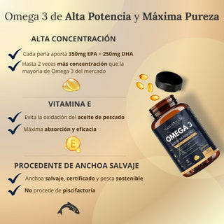Omega 3 2000mg | 120 perlas | Procedente de Anchoa Salvaje | Sin Mercurio | Alta concentración EPA700 mg+DHA 500mg | Vitamina E - Naturcuore - Cápsulas de Fish Oil Naturcuore