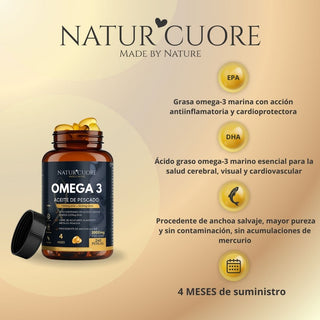 Omega 3 2000mg | 240 perlas | 4 meses | Anchoa Salvaje | Sin Mercurio | Alta concentración EPA700 mg+DHA 500mg | Vitamina E - Naturcuore - Cápsulas de Fish Oil Naturcuore