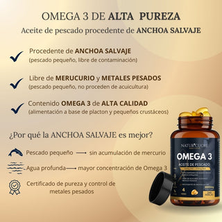 Omega 3 2000mg | 240 perlas | 4 meses | Anchoa Salvaje | Sin Mercurio | Alta concentración EPA700 mg+DHA 500mg | Vitamina E - Naturcuore - Cápsulas de Fish Oil Naturcuore
