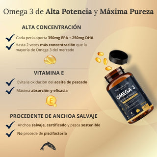 Omega 3 2000mg | 240 perlas | 4 meses | Anchoa Salvaje | Sin Mercurio | Alta concentración EPA700 mg+DHA 500mg | Vitamina E - Naturcuore - Cápsulas de Fish Oil Naturcuore