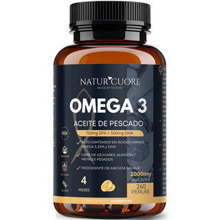 Omega 3 2000mg | 240 perlas | 4 meses | Anchoa Salvaje | Sin Mercurio | Alta concentración EPA700 mg+DHA 500mg | Vitamina E - Naturcuore - Cápsulas de Fish Oil Naturcuore