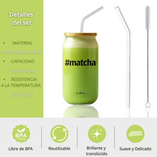 La Gloria Mediterránea Vaso para Té Matcha de Cristal con Tapa y Pajita Ideal para Matcha, Smoothies, Café Frío y Batidos | Vaso Reutilizable de Vidrio Premium 550 ml | Diseño Elegante y Ecológico